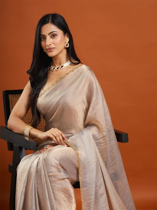Cream Chiffon Embroidered Saree