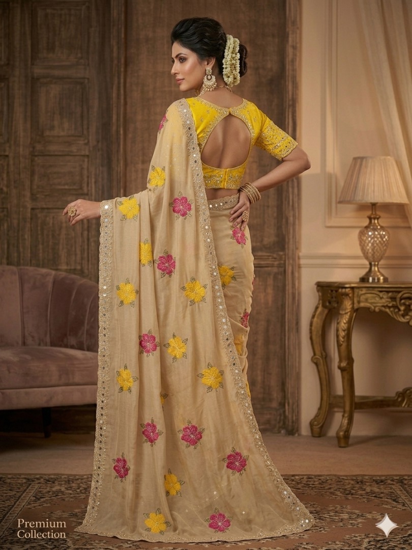 Premium Chocolate Fabric Saree with Floral Thread & Mirror Work (With Yellow Unstitched Blouse Piece)
