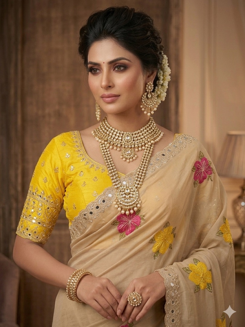 Premium Chocolate Fabric Saree with Floral Thread & Mirror Work (With Yellow Unstitched Blouse Piece)