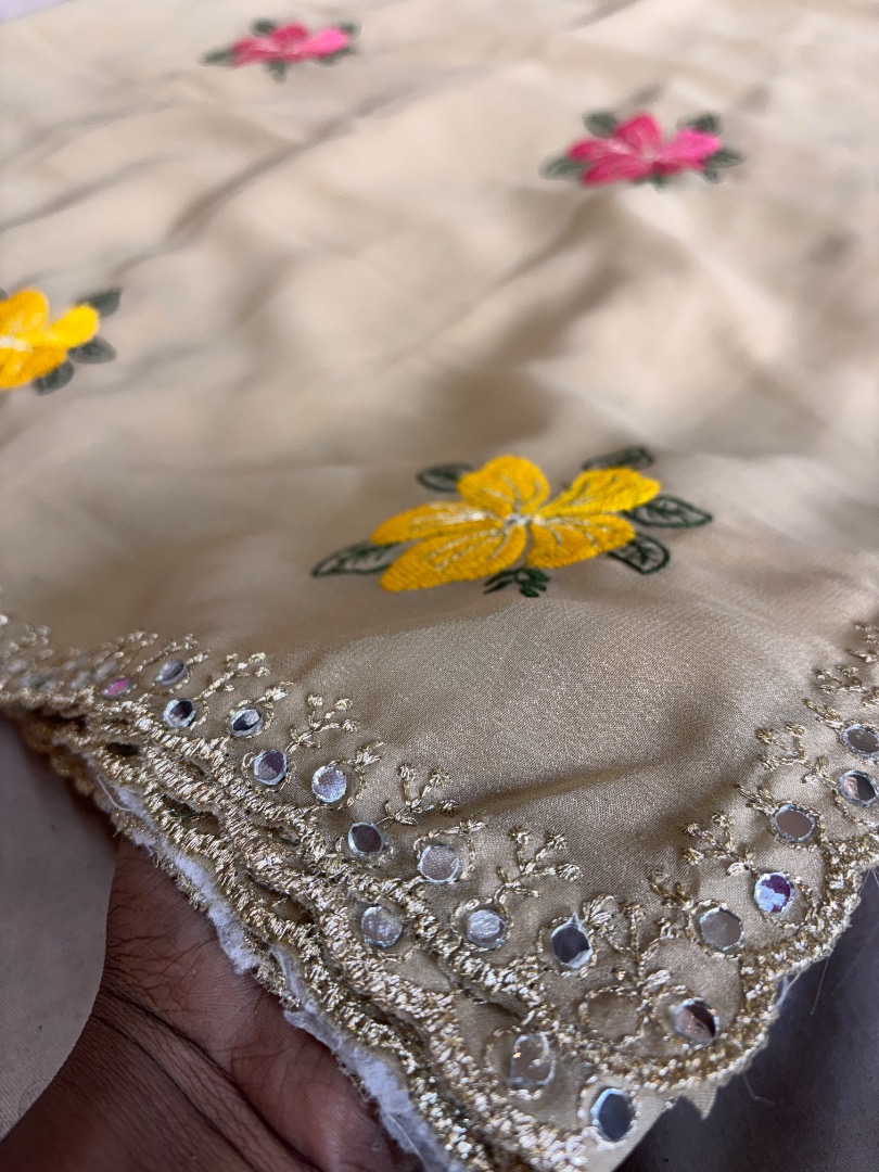Premium Chocolate Fabric Saree with Floral Thread & Mirror Work (With Yellow Unstitched Blouse Piece)