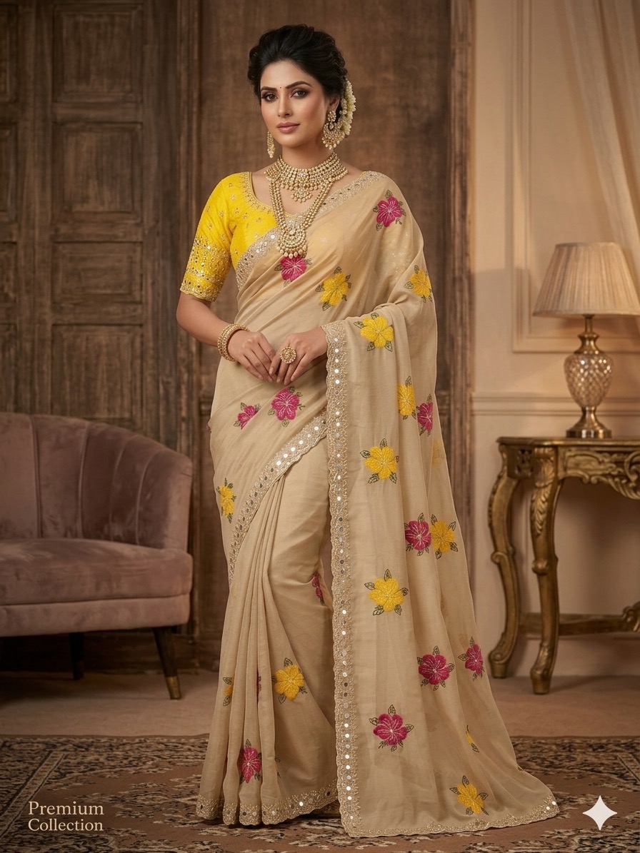 Premium Chocolate Fabric Saree with Floral Thread & Mirror Work (With Yellow Unstitched Blouse Piece)