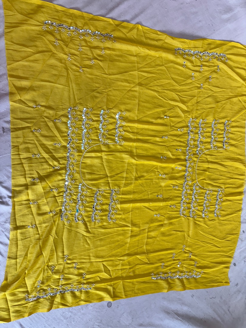 Premium Chocolate Fabric Saree with Floral Thread & Mirror Work (With Yellow Unstitched Blouse Piece)