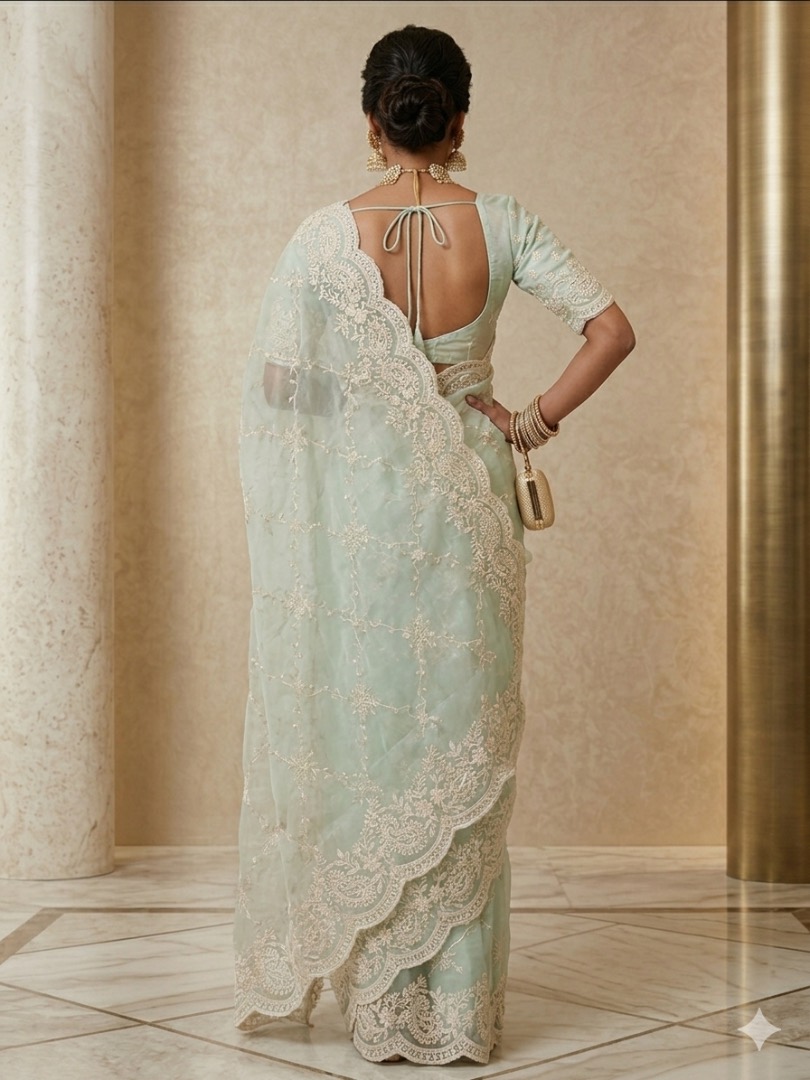 Premium Mint Green Soft Organza Saree with Elegant Chikankari & Floral Thread Work