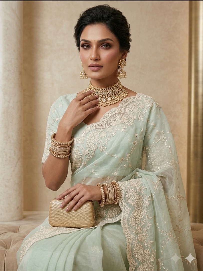 Premium Mint Green Soft Organza Saree with Elegant Chikankari & Floral Thread Work