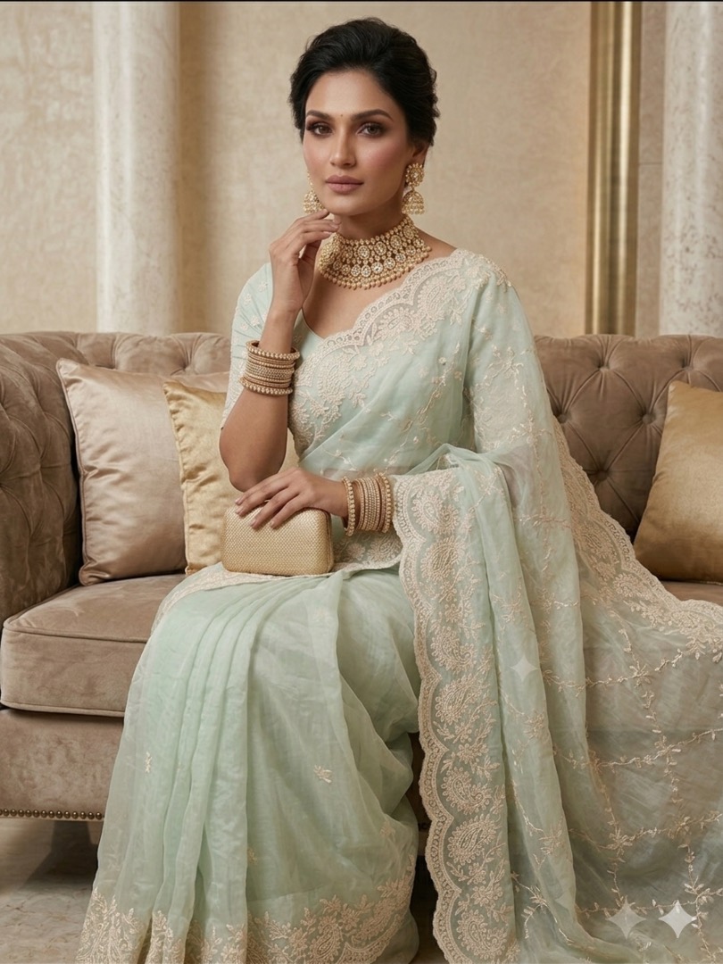 Premium Mint Green Soft Organza Saree with Elegant Chikankari & Floral Thread Work