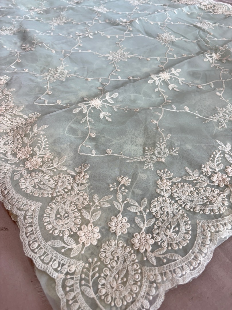 Premium Mint Green Soft Organza Saree with Elegant Chikankari & Floral Thread Work