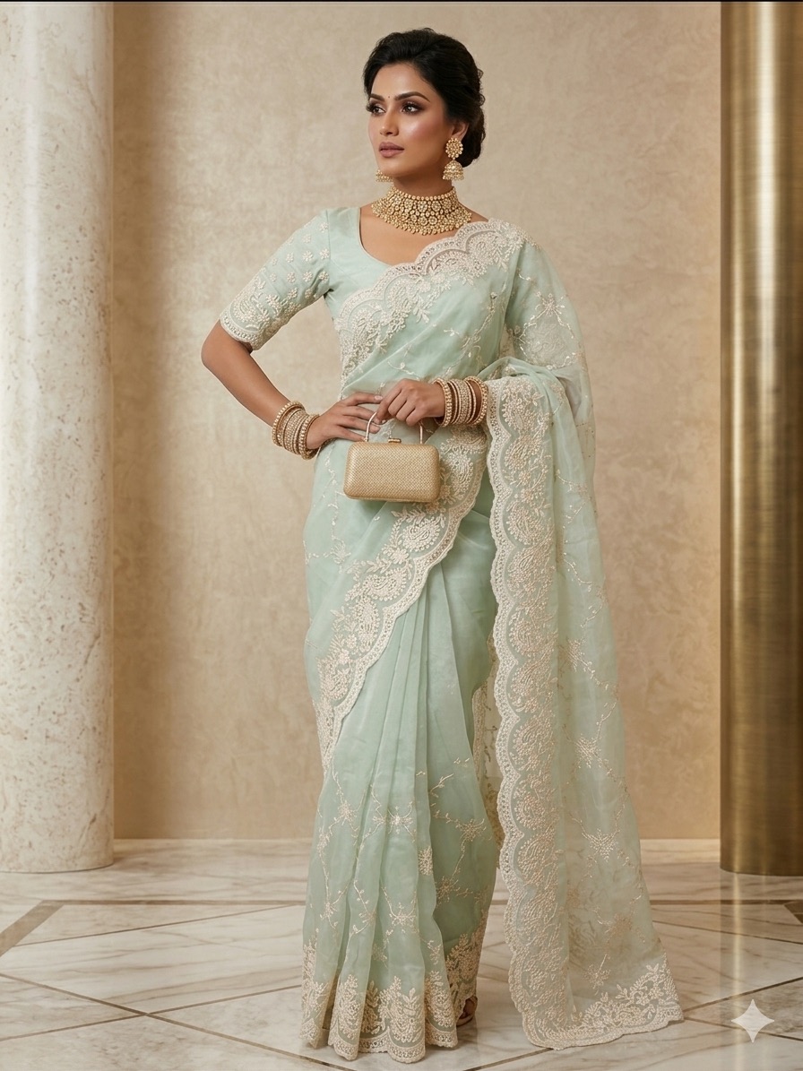 Premium Mint Green Soft Organza Saree with Elegant Chikankari & Floral Thread Work